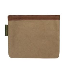 Small beige and brown canvas bag featuring binding webbing and tapes from Wayne Mills.