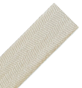 Angled view of a textured beige webbing strap.