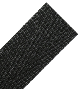 Angled view of a textured black webbing strap.